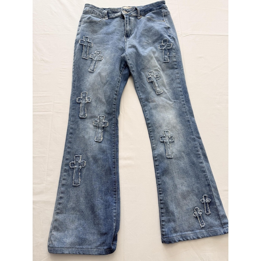 Bamboo Flare Jeans Juniors 11 Blue Wash Mid Rise Stretch Cross Distressed 30x31